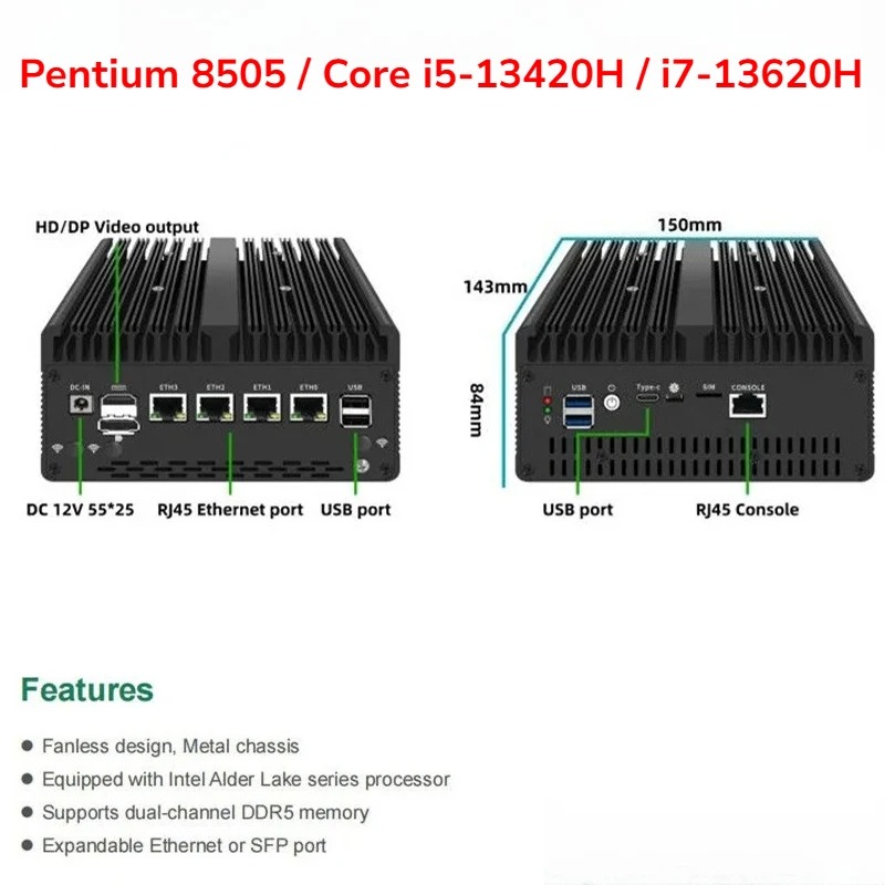 Fanless Mini PC Pentium 8505/C - Pfsense Firewall Router 2.5G 4 I226 recension och pris